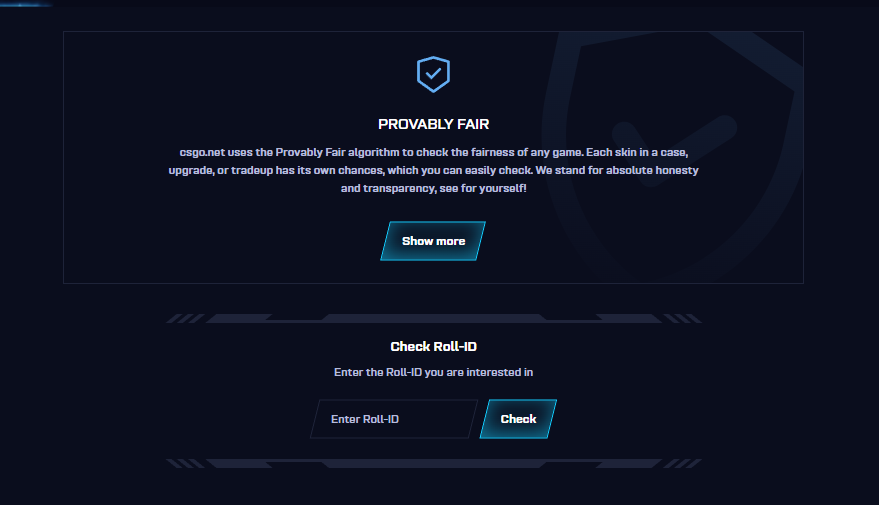 CSGO.NET Provably Fair interface